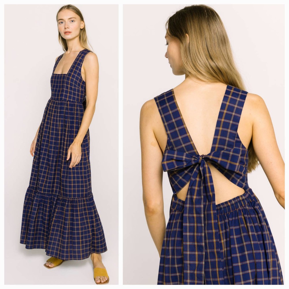 Plaid Navy and Brown Tie-Back Maxi Dress